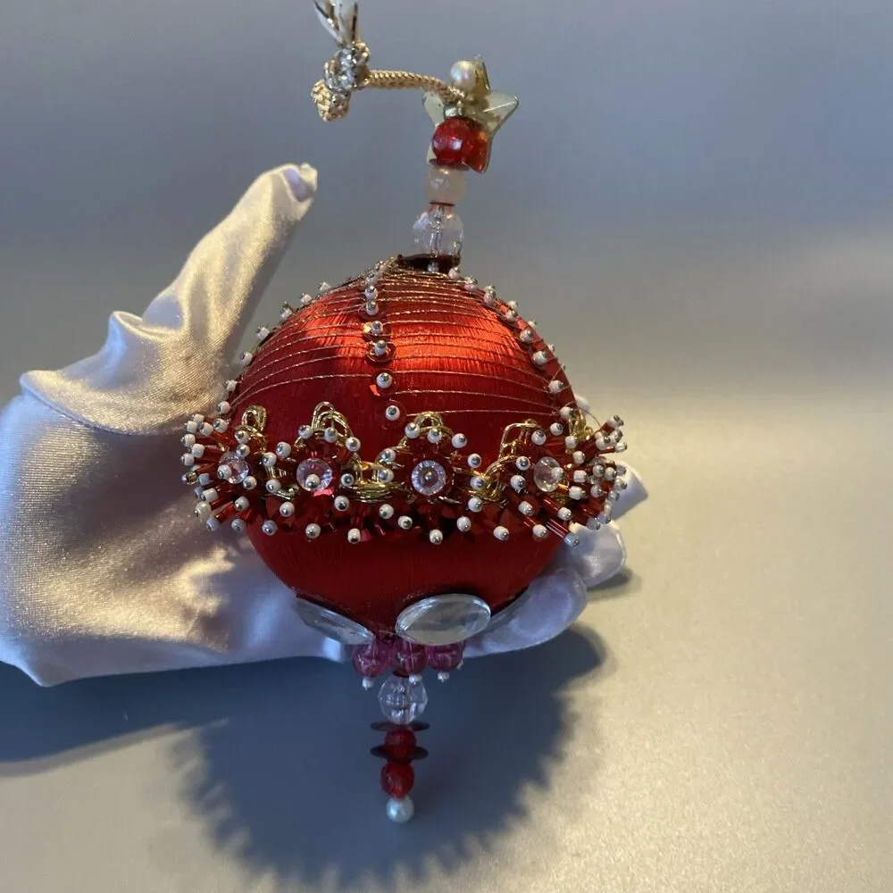Vintage Christmas Red Gold Beaded Push Pin Ornate Ball Ornament Large Handmade